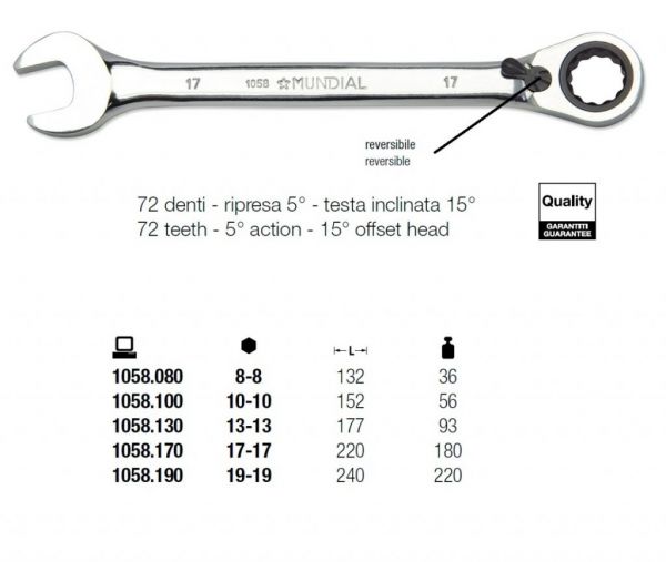 MUNDIAL 1058.905 Serie di 5 chiavi combinate professionali a cricchetto  reversibile - 72 denti - Ripresa 5° 