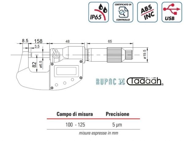 RUPAC 2391500 Micrometro per esterni digitale millesimali Serie Digitronic  Plus, USB, IP65 - Campo di misura 125