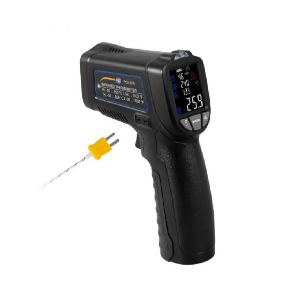 PCE Intruments PCE-675 Pirometro a infrarossi con puntatore laser e  ingresso per sonde tipo K - Misura la temperatura superficiale e  ambientale, l' umidità relativa e il punto di rugiada