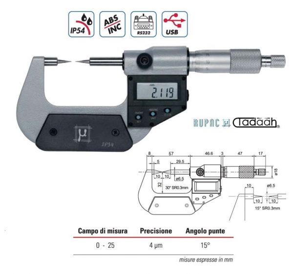 Micrometro Rupac con contatti piano-sfera Digitronic 0-25mm