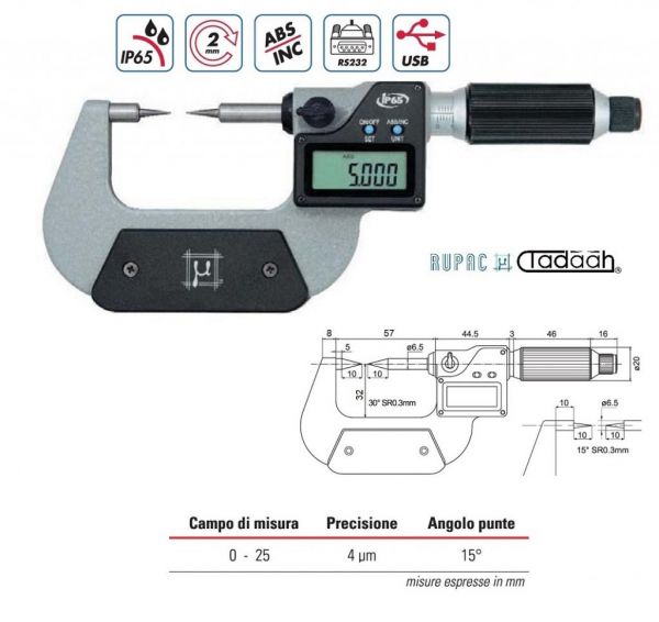 RUPAC 2396026 Micrometro digitale millesimale con punte coniche angolo 15° Serie  Digitronic, con avanzamento rapido, IP65 - Campo di misura 0-25mm