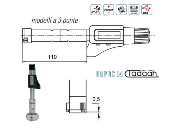 2453313 Micrometro per interni a 3 punte digitale Serie Digitronic, campo  di misura 30-40, IP54